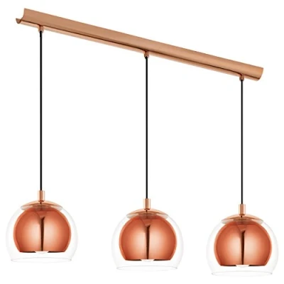 Image of EGLO Ceiling Light Fitting Rocamar with 3 lampshades, Pendant Lighting Made of Copper Coloured Steel and Clear Glass, Hanging lamp for Dining Table Living Room, E27 Socket