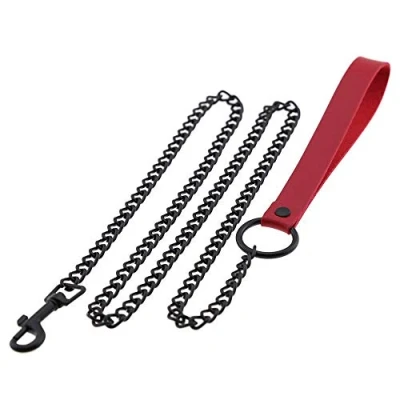 Image of RayMinsin 3.7Ft Punk Style Black and Red Metal Leather Chain Dog Leash for Men Women