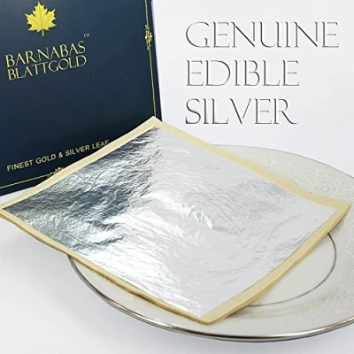 Image of Barnabas Blattgold: Professional Quality Genuine Edible Silver Leaf Sheets, 25 Super Large 110 x mm (Loose Leaf/Interleaf Sheets)