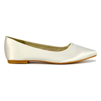 Image of ESSEX GLAM Womens Flat Slip On Pumps Pointed Toe Ladies Ballet Faux Suede Casual Smart Shoes Size 3 8 (Ivory Satin, Numeric_6)