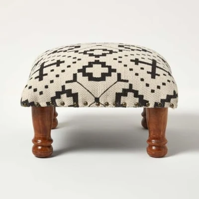 Image of HOMESCAPES Natural and Black Cotton Footstool 40 x cm Reva Square Pouffe on Solid Wood Legs 25 Tall Ottoman Style Upholstered Footrest