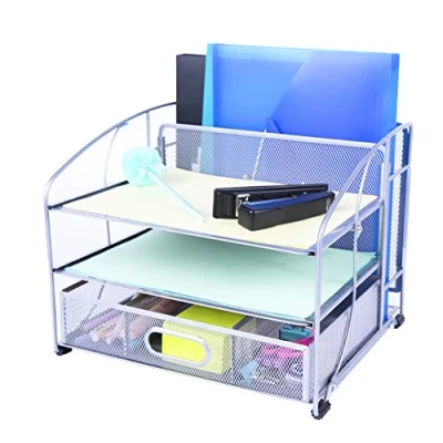 Image of EXERZ Desk Organiser Office Supplies 3 Trays/Desktop File Holder with Sliding Drawer and Hanging Holder/Paper sorters/Vertical Upright Section