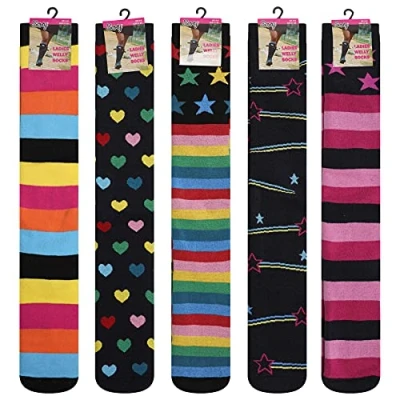 Image of Soxy Ladies Design Wellington Boot Socks 5 Pack Women&#039;s Welly Festival Walking Hiking Thermal Assorted Patterns UK Shoe Size 4 6