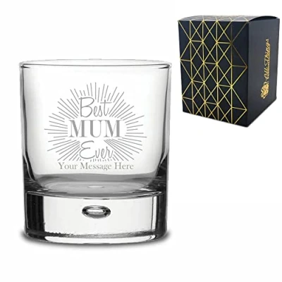 Image of Personalised Engraved Bubble Whisky Glass Tumbler with Best Mum Ever Design, Gift Boxed, Personalise Any Name
