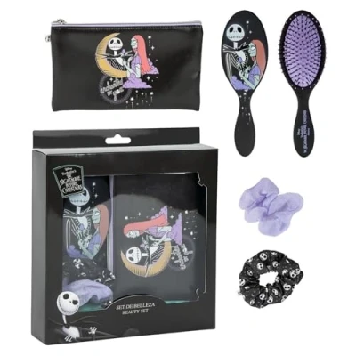 Image of The Nightmare Before Christmas Hair Beauty Accessory Set Hairbrush + Cosmetic Bag 2 Scrunchies Jack Skellington 4 Piece Gift
