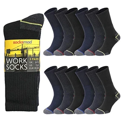 Image of Socksmad 12 Pack Mens Work Socks Thick Boot for Men Cushioned Padded Sole Builders, Mechanics, Engineers Heavy Duty Moisture Wicking, Durable, Soft Size 6 11 UK