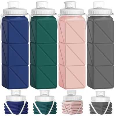 Image of Popdigito 4pack Collapsible Water Bottles, 20.6oz Foldable Bottle BPA Free Reusable Lightweight LeakProof Travel Silicone Bottles for Travel, Gym, Hiking, Office, Camping, Sports Portable