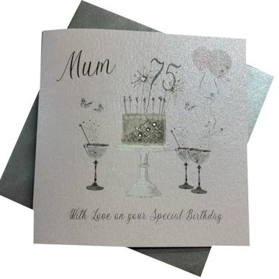 Image of WHITE COTTON CARDS Happy 75th Birthday Card Mum Champagne Glasses Pink Roses SS42 M75, 16cm x