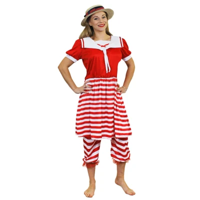 Image of LADIES VICTORIAN SWIMSUIT FANCY DRESS COSTUME 1920S WOMENS BATHER PLUS STRAW BOATER HAT AND BEACH BALL SUMMER (UK 8 10)