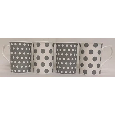 Image of Grey Dots &amp; Spots Mugs Set of 4 Fine Bone China Castle Cups Hand Decorated in UK