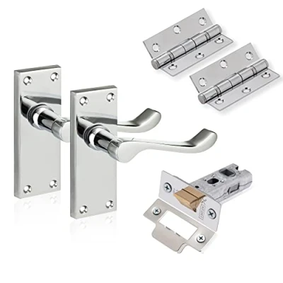 Image of XFORT Chrome Elegance Range Polished 4&quot; Victoran Scroll Lever Latch Door Pack, Complete Set with Handles, 65mm Tubular and 75mm Ball Bearing Hinges, for Internal Wooden Doors