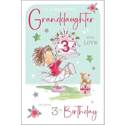 Image of Jonny Javelin Wonderful Granddaughter 3rd Birthday Card Happy Age 3 with Girl and Cake Design Foil Flitter Details for Children