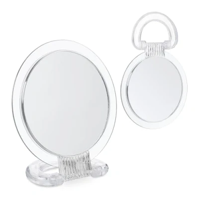 Image of Relaxdays Vanity Mirror Folding Handle, Set of 2, Double Sided, 2X Magnification, Make up, Hold or Stand, Transparent, 22.5 x 15.5 1.5 cm