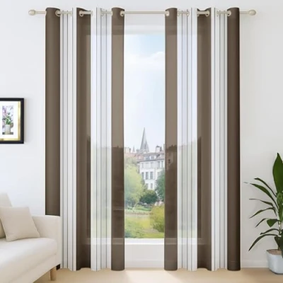 Image of Deconovo Net Curtains Window Width, 140 x 138 cm (Width Height), for Living Room and Bedroom, Modern Design with Eyelets, Brown, 2 Pieces