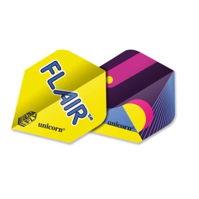 Image of Unicorn Ultrafly Dart Flights Flair 1 Yellow and Multicolour Abstract Design Standard Plus Shape Durable 100 Micron Polyester PET Set of 3