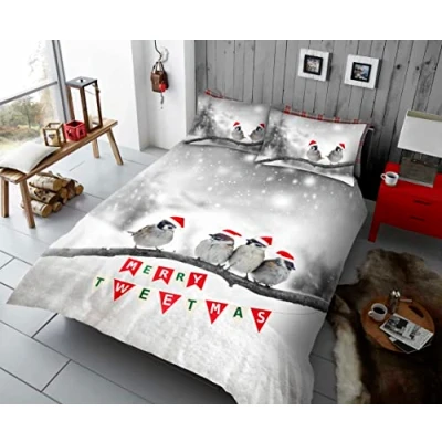 Image of GC GAVENO CAVAILIA Birds Christmas Bedding Single Bed Set, Snowflake Duvet Cover With Pillow Case, Premium Xmas Quilt Cover, Tweetmas