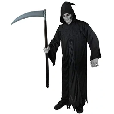 Image of Men&#039;s Death, Scary Grim Reaper Robe Fancy Dress Costume. Also Includes A Plastic Scythe Accessory. One Size Costume But Usually Fits Mens Small, Medium, Large And Xl. Perfect For Halloween.