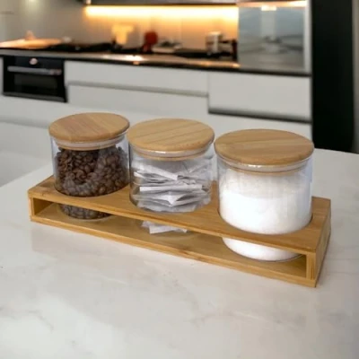 Image of HOMELOX Set Of 3 Glass Tea Coffee Sugar Jars Canisters with Bamboo Stand Kitchen Storage