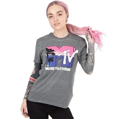 Image of MTV T Shirt for Women Music Television Palm Tree Logo Gift Ladies Grey Top Medium