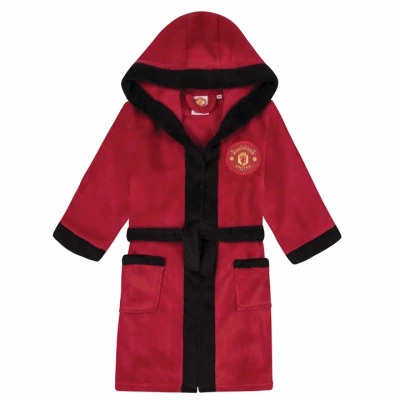 Image of Manchester United FC Official Football Gift Boys Fleece Dressing Gown Robe, Red, 11 12 Years
