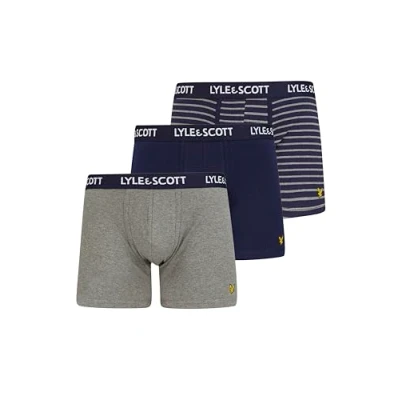 Image of Lyle &amp; Scott Men’s Ethan 3 Pack Boxer Trunks Soft Cotton Blend with Stretch Branded Waistband and Golden Eagle Logo (UK, Alpha, XL, Regular, Peacoat/Stripe/Grey Marl)