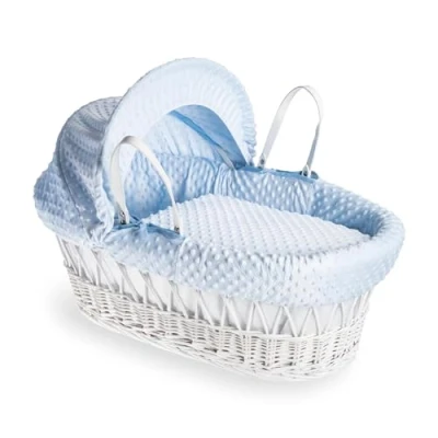 Image of Clair de Lune Dimple White Wicker Moses Basket with Bedding 68 x 30 cm (Blue)