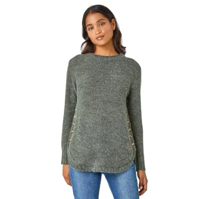 Image of Roman Button Detail Curved Hem Jumper for Women UK Ladies Autumn Everyday Winter Holiday Round Neckline Comfy Long Sleeve Soft Top Day Office Sweaters Khaki Size 18