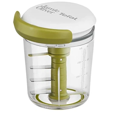 Image of Tefal Jamie Oliver, Chop &amp; Shaker, Manual Food Chopper Mixer Stainless Steel Blades, Spillproof Lid, Vegetables, Onions, Herbs, Nuts, Salsas, Dressings, Sauces, K1644144, White Green