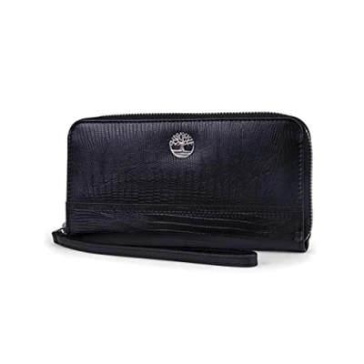 Image of Timberland Women&#039;s Leather RFID Zip Around Wallet Clutch with Wristlet Strap, Black (Lizard), One Size