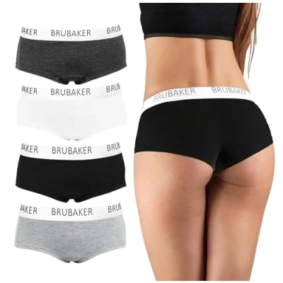 Image of BRUBAKER 4 pack Women&#039;s Panties Cotton Pants Hipster Underwear with Stretch Waistband Black, Grey and White S