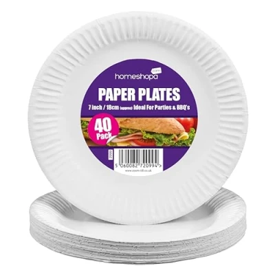 Image of HOMESHOPA Paper Plates, 40 Pack White Disposable Party 7inch/18cm Round Dinner Strong Durable for Hot Cold Use, Ideal Kid&#039;s Parties Buffets Picnics BBQ Weddings Camping Outdoor