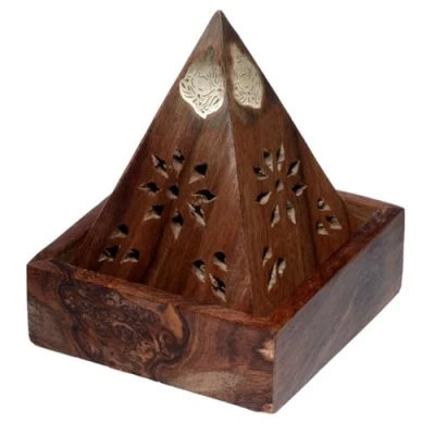 Image of Puckator Sheesham Wood Pyramid Incense Cone Burner Box with Buddha &amp; Fretwork Spiritual Zen Gothic Incensé Insence Sticks Cones Holder Home Aesthetic Yoga Room Decor Accessories Gift