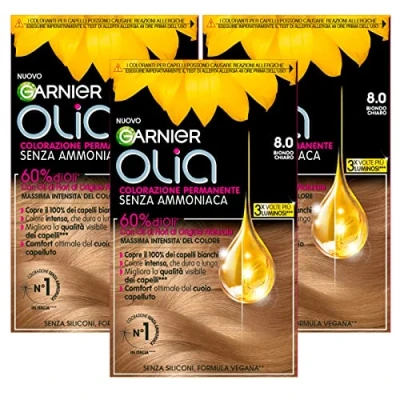 Image of Garnier Olia Permanent Hair Dye Without Ammonia Colouring with Flower Oils of Natural Origin Brightening and Nourishing Action, Colour 8.0 Light Blonde 3 Packs
