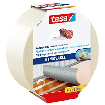 Image of tesa Flooring Tape Removable Without Residue Fabric Reinforced, Double Sided Adhesive for Laying Carpet and PVC 25 m x 50 mm