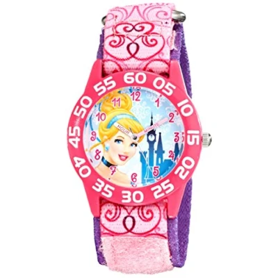 Image of Disney Princess Kids&#039; Plastic Time Teacher Analog Quartz Nylon Strap Watch, Pink, Pink Multi Purple, Classic