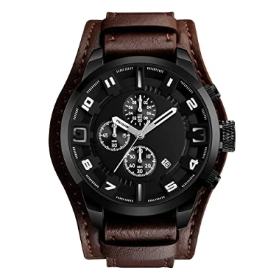 Image of FeiWen Mens Stainless Steel Analog Quartz Sports Watches Casual Fashion Punk Style Sub Dial Stopwatch Calendar Window Leather Band Business Wrist Style, Black