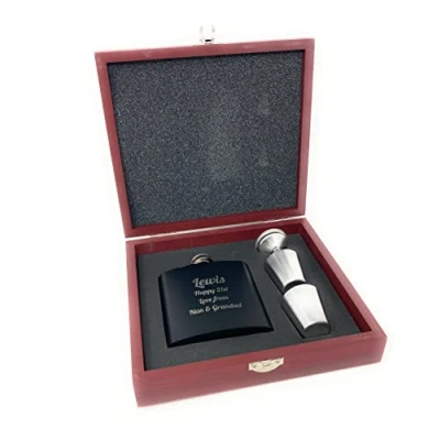 Image of Personalised Black 6oz Hip Flask Funnel &amp; 2 Shot Cups Wooden Gift Boxed Set Engraved with Name and Message of Your Choosing Wedding Birthday Fathers Day