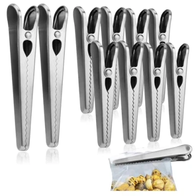 Image of COM FOUR® 10 Piece Fresh Keeping Clip Set Made of Stainless Steel Bag Closure Clips in 2 Sizes Alligator for Food Bags (10 Pieces Silver Colored Long)