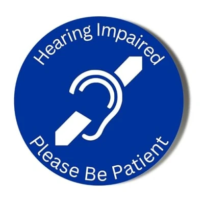 Image of Gift Insanity MEDICAL ALERT BADGES HEARING IMPAIRED PLEASE BE PATIENT BLUE BACKGROUND 38mm Small Badge
