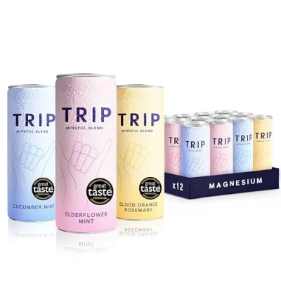 Image of TRIP Mindful Blends Mixed Pack Sparkling Drink with Magnesium Citrate + Ashwagandha Lion’s Mane L theanine. Low Calorie and Vegan (Pack of 12 x 250ml)