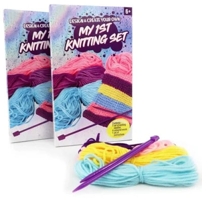 Image of My 1st Knitting Set, Design and Create Your Own, Perfect for Beginners Children, Kit Includes Instructions, Coloured Wool Needles (2 Pack)