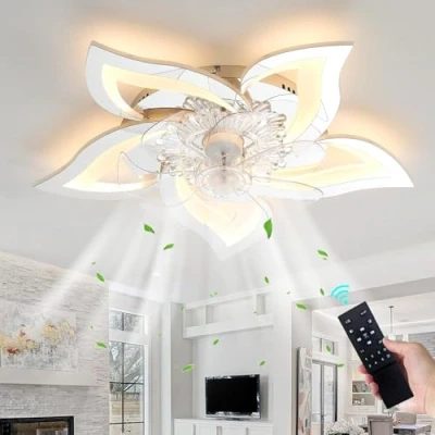 Image of YUNZI 69CM Flower Chrome Ceiling Fan with Light and Remote Control Mute Reversible DC Motor 6 Wind Speed for Bedroom Living Room LED Dimmable Chandelier Silver