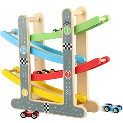 Image of Jacootoys Wooden Car Ramp Toy with 4 Mini Cars Zigzag Click Clack Racing Track Speed Ramps Toddler Toys for 3 5 Year Old Boy Kids