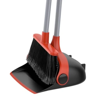 Image of MR.SIGA Long Handled Dustpan and Brush Set, Upright Broom Set with Adjustable Handle, Tall Sweeping Comb Teeth for Floor Cleaning, Indoor, Outdoor, Home, Lobby, Black &amp; Red