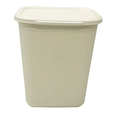 Image of JVL Knit Design Loop Plastic Rectangular Lidded Washing Laundry Basket, Ivory, 34 x 43 55 cm, 50 Litre