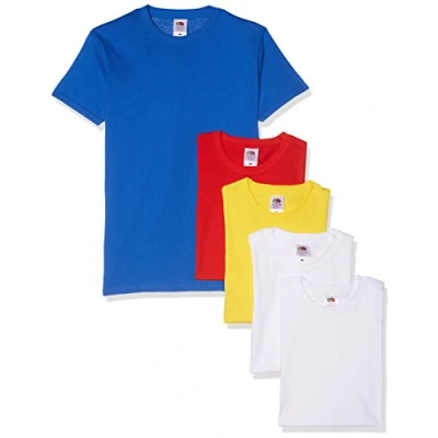 Image of Fruit of the Loom Men&#039;s Heavy T Shirt Pack 5, White/White/Yellow/Red/Royal, X Large