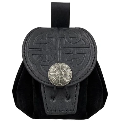 Image of HiiFeuer Medieval Embossed Faux Leather Belt Pouch, Retro Renaissance Portable Bag Coin Purse Dice for LARP Ren Faire(Black C)