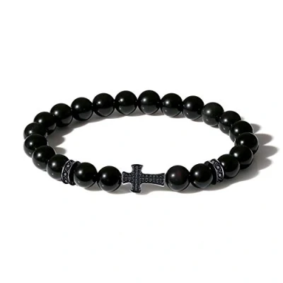 Image of COAI Religious Jewelry Cross Matte Onyx Black Stone Bracelet, Beaded Jesus Bracelet S