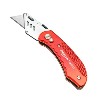 Image of Amazon Basics Durable Folding Utility Knife with Aluminum Body, Red