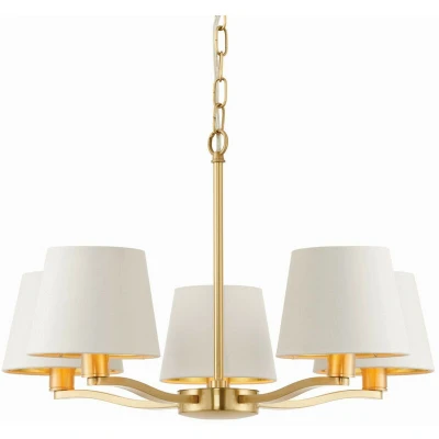 Image of Harvey 5 Light Multi Arm Ceiling Pendant Satin Brushed Gold, Vintage White Silk Effect, E14
